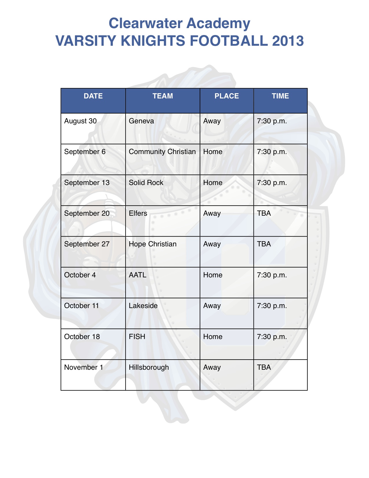 Varsity Football Schedule 13